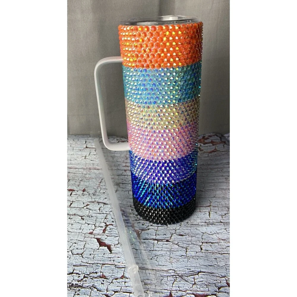 Multicolor Handmade Rhinestone Tumbler W/Handle 20oz Skinny W/Lid & Straw